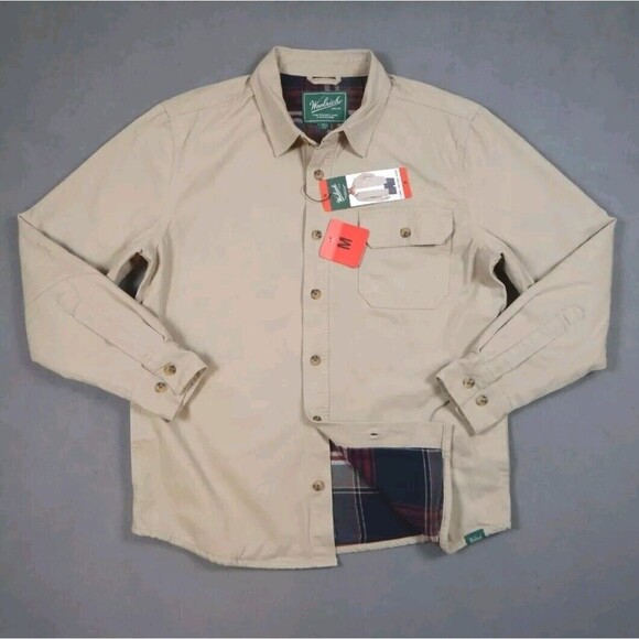 Woolrich Men's M Flannel Lined Shirt Jacket Signature Green Label Beige Shacket - Picture 3 of 13